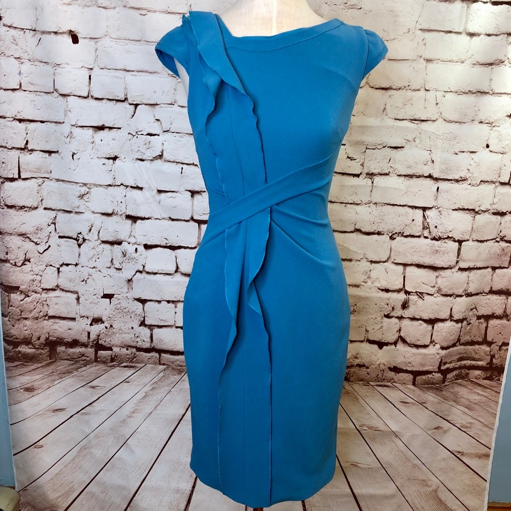 Karen Millen Teal Blue Sheath Dress with Draped Front